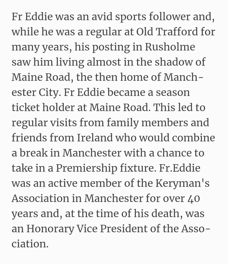 save_church's tweet photo. @kerryman_ie #FatherEddie was a huge #football fan! 
Initially, a regular at @MUFC #OldTrafford 
But while he was at St Edward's Church #Rusholme, he had a season ticket for @MCFC #Maine Road
#SaveStEdwardsChurch
#FatherEddie 
#BlueManchester
#RedManchester
Kindly taken from @kerryman_ie https://t.co/DerXBBUNQH