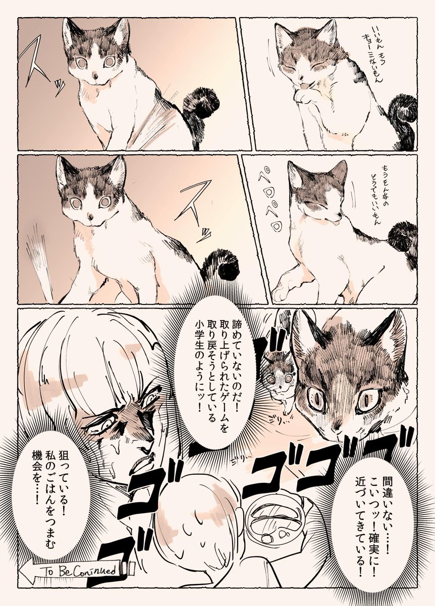 ご飯時の猫と人間の戦いの漫画です 