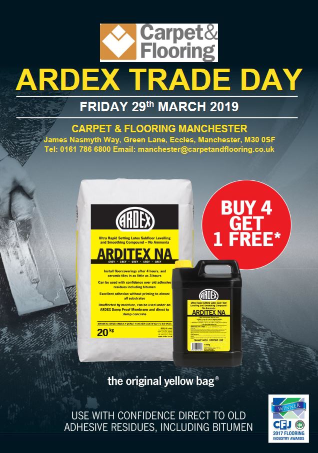 tradechoicecnf's tweet photo. Save the date! @ARDEXUKFlooring are having a Trade Day at Carpet &amp; Flooring #Manchester. Pop along for expert advice PLUS buy 4 get 1 free on Arditex NA. We'll see you there! 😀 https://t.co/IdVoUXWDgs
