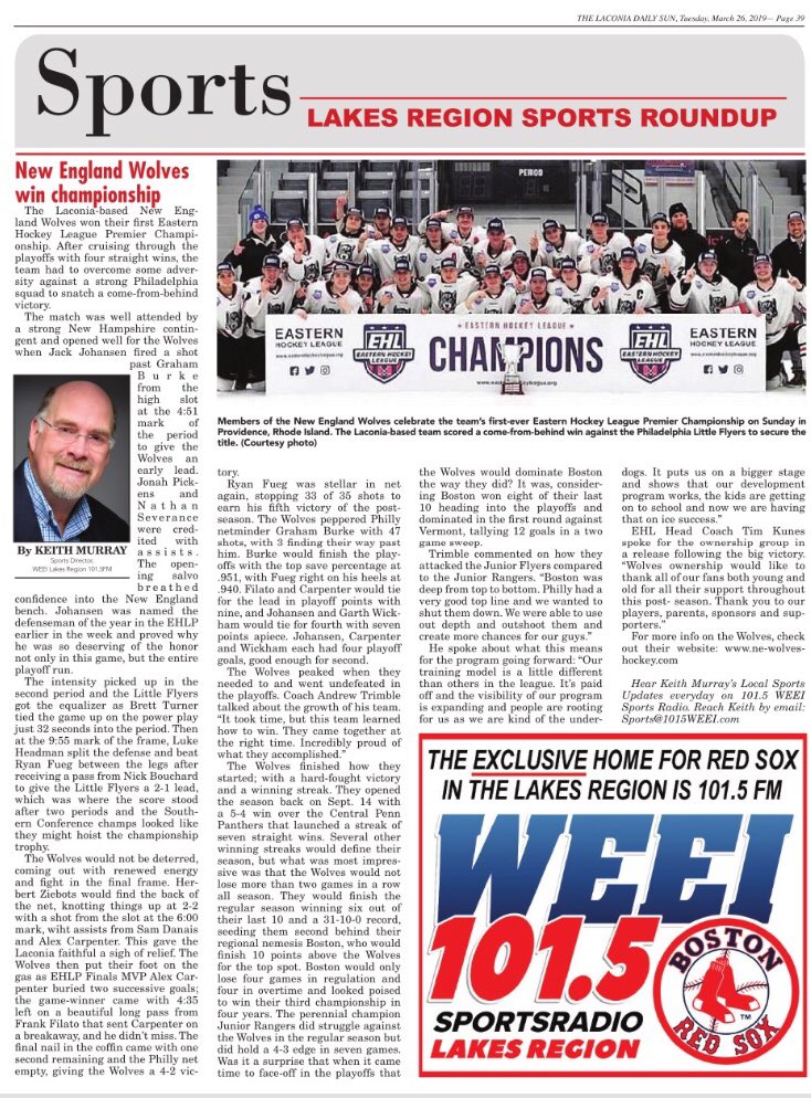 newenglandwolv1's tweet photo. Pick up your copy of today’s Laconia Daily Sun!! Keith Murray providing great coverage for our program. Thank you for all the support!! @laconiadailysun #notfakenews #NEWvsPLF #newolves https://t.co/Px2dg4fWUo