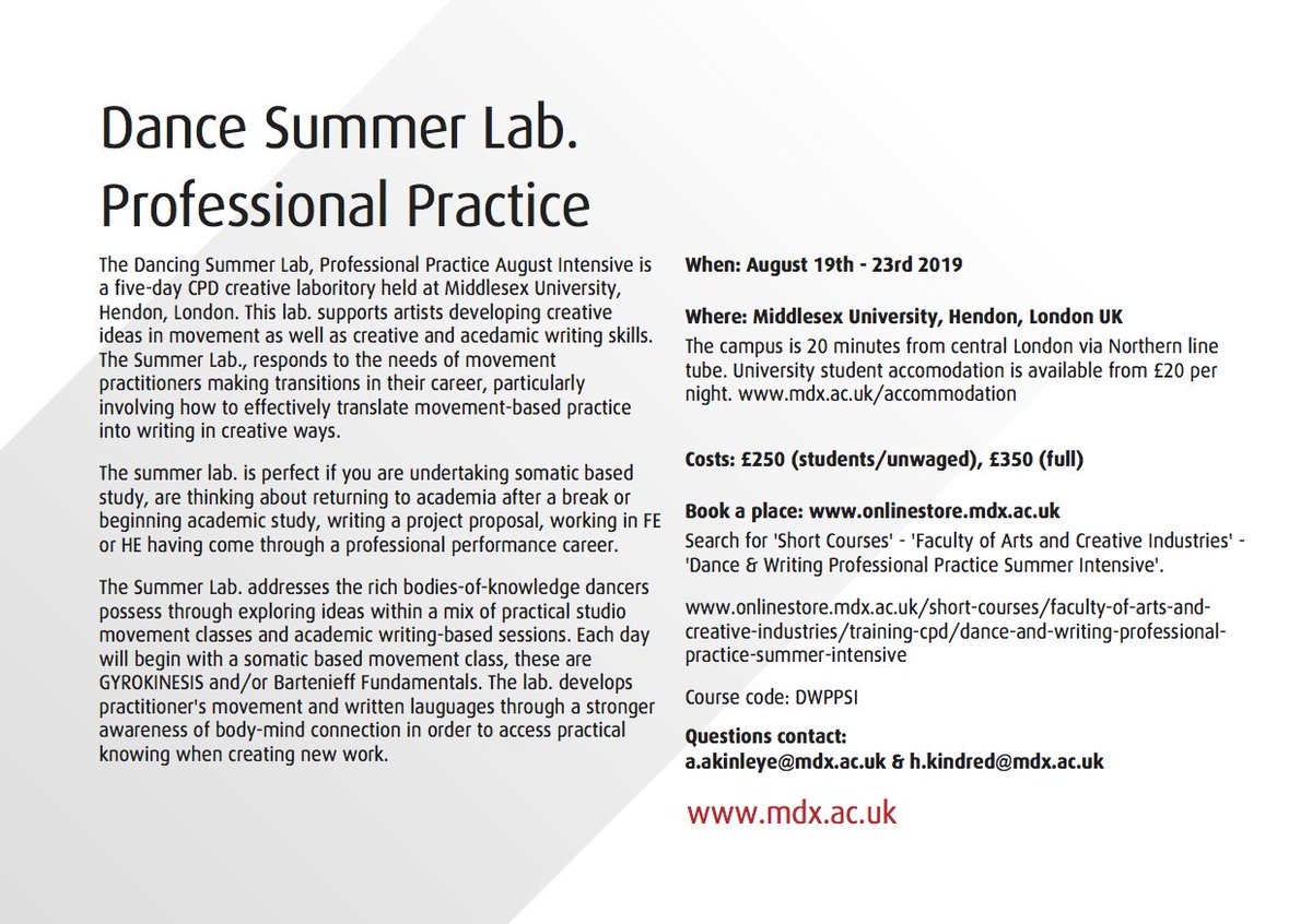 Dance at Middlesex University (@mdxunidance) on Twitter photo Booking is now open for Dance Summer Lab. 2019 <a href="/MiddlesexUni/">Middlesex University</a> led by @AdesolaPP and <a href="/helenkindred/">Dr Helen Kindred</a>
More info available here: mdx.ac.uk/courses/cpd/da… Booking is now open for Dance Summer Lab. 2019 <a href="/MiddlesexUni/">Middlesex University</a> led by @AdesolaPP and <a href="/helenkindred/">Dr Helen Kindred</a>
More info available here: mdx.ac.uk/courses/cpd/da…