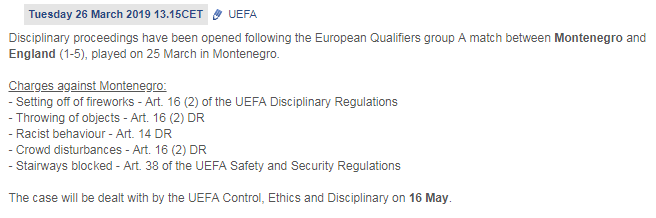 AsifBurhan's tweet photo. UEFA open disciplinary proceedings against Montenegro following @England's @UEFAEURO qualifier in Podgorica last night. The case will be dealt with on 16 May. #MNEENG https://t.co/BSJprTOuzS