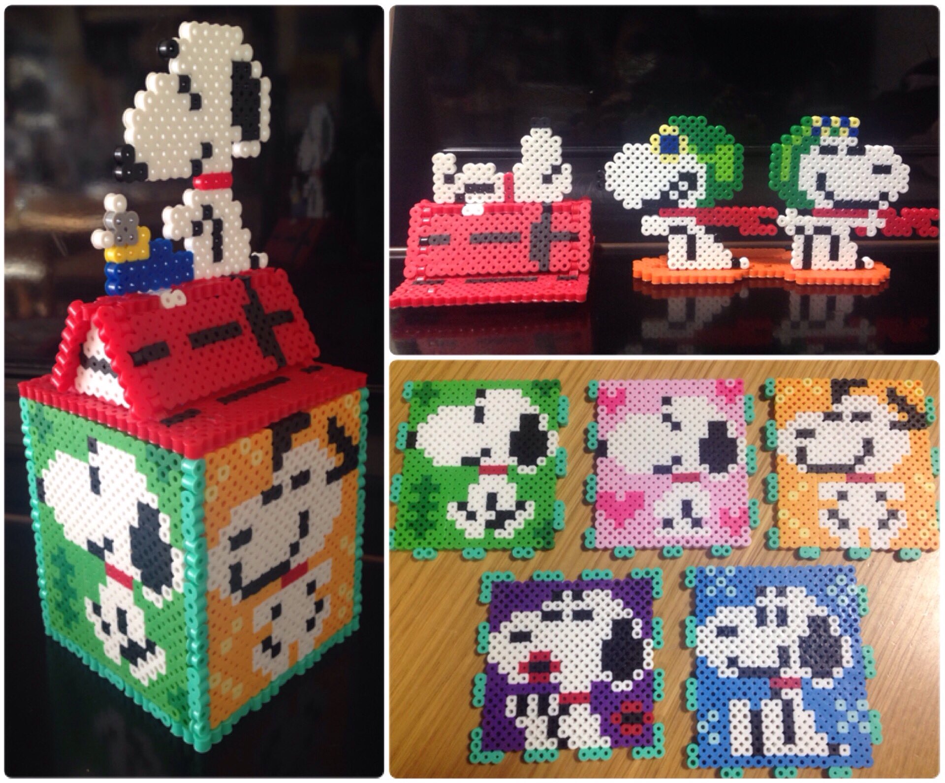 Sugashin アイロンビーズでスヌーピーのデザインを考えていたら 作りたい案がいくつもできちゃったので1つの作品にまとめてみました 屋根に乗るのは昼寝 小説王 フライングエース 2つ の計4パターン 昼寝のときの手と耳は屋根と一体化しているので 他