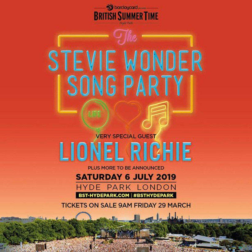 BlueChipHosp's tweet photo. Stevie Wonder &amp; special guest Lionel Richie announced for BST in Hyde Park on Saturday 6th July. On sale Thursday 28th March at 9am. 

Full details and online booking at https://t.co/L2RuKiiJ8A https://t.co/0a1oegh1qg