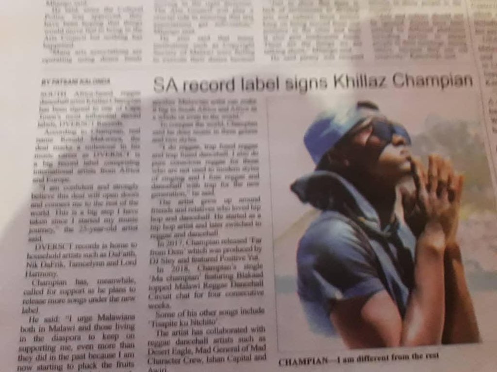 CPTMusicFam's tweet photo. Announcing our new artist 🇲🇼 @KHILLAZCHAMPION in the local press. #dversct #khillaz #malawi https://t.co/dcSvLx4kz2