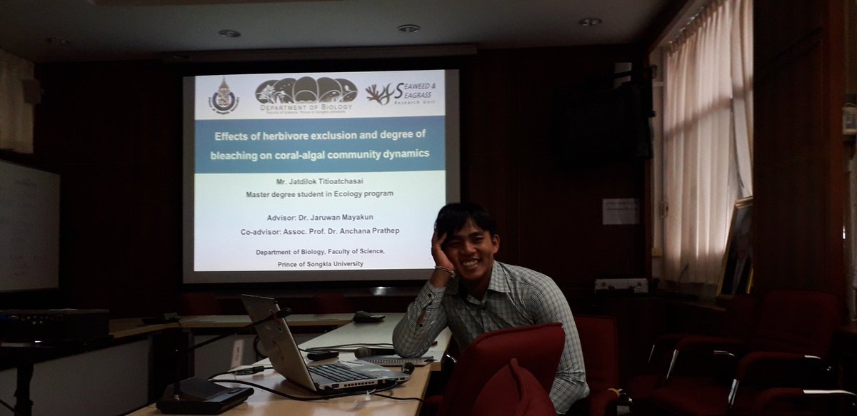 SSRU_PSU's tweet photo. Our master student successfully defended his thesis today. It is was exciting to hear about coral-algal interaction in tropical reefs. The publication is in the process, we will keep you posted. 
#coralreefs #coral #bleaching #algae #climatechange #herbivore https://t.co/EiP4LYEWJ6