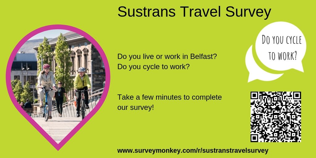 Sustrans Travel Survey 🚴‍♀️🚴‍♂️
Do you live or work in Belfast?  Do you cycle to work?

Help us enable more people to cycle to work by completing our survey! #SustransTravelSurvey ⬇️
surveymonkey.com/r/sustranstrav…
