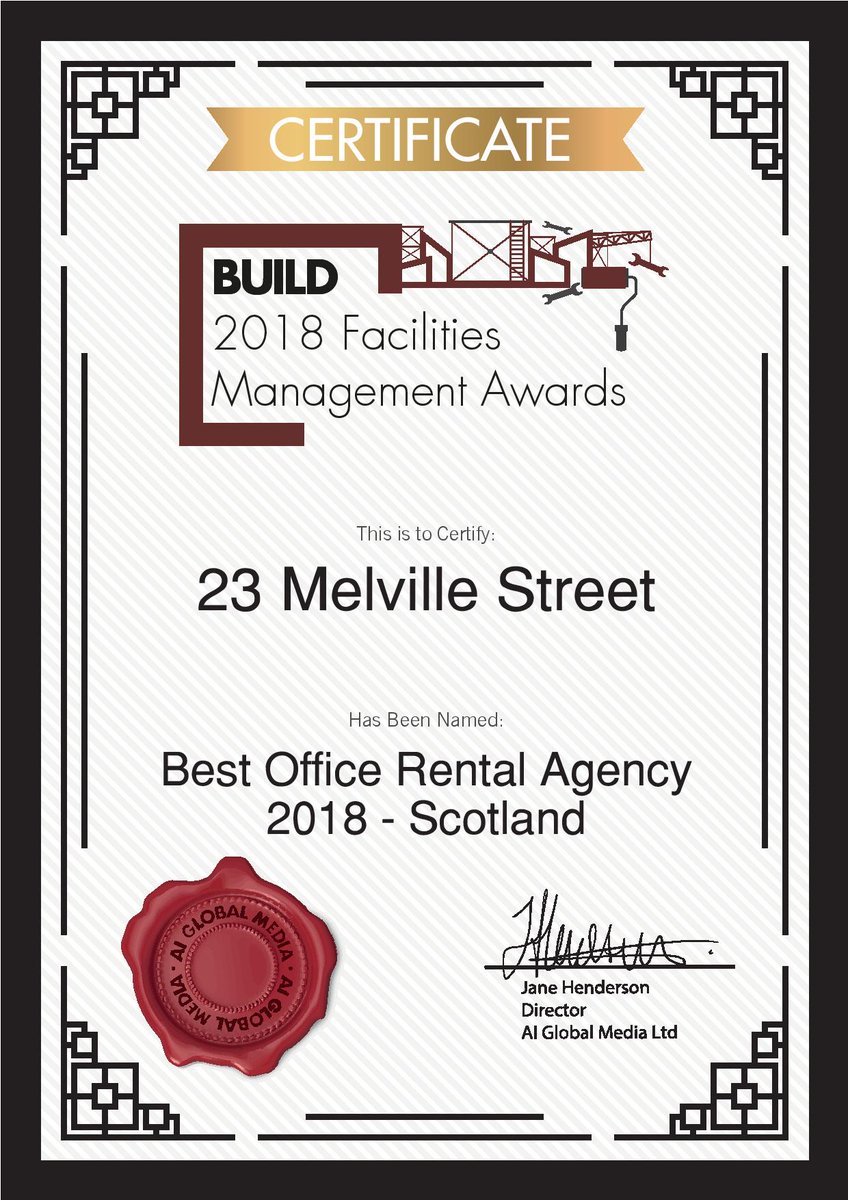 We're excited to announce that 23 Melville Street have been awarded Best Office Rental Agency in Scotland! If you're looking for space for your business and wish to rent space at the best office rental agency in Scotland get in touch at:
0131 240 3888
info@23melvillestreet.co.uk