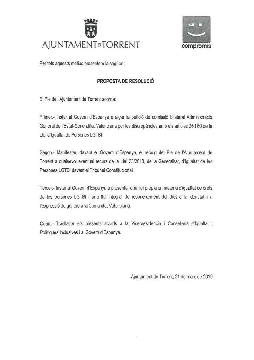 📝Hem presentat una moció per reclamar a <a href="/sanchezcastejon/">Pedro Sánchez</a> que alce les reclamacions sobre els articles 26 i 60 de la #LleiLGTBIvalenciana.

🏳️‍🌈En igualtat dels drets LGTBI dels valencians i valencianes #NiUnPasEnrere.