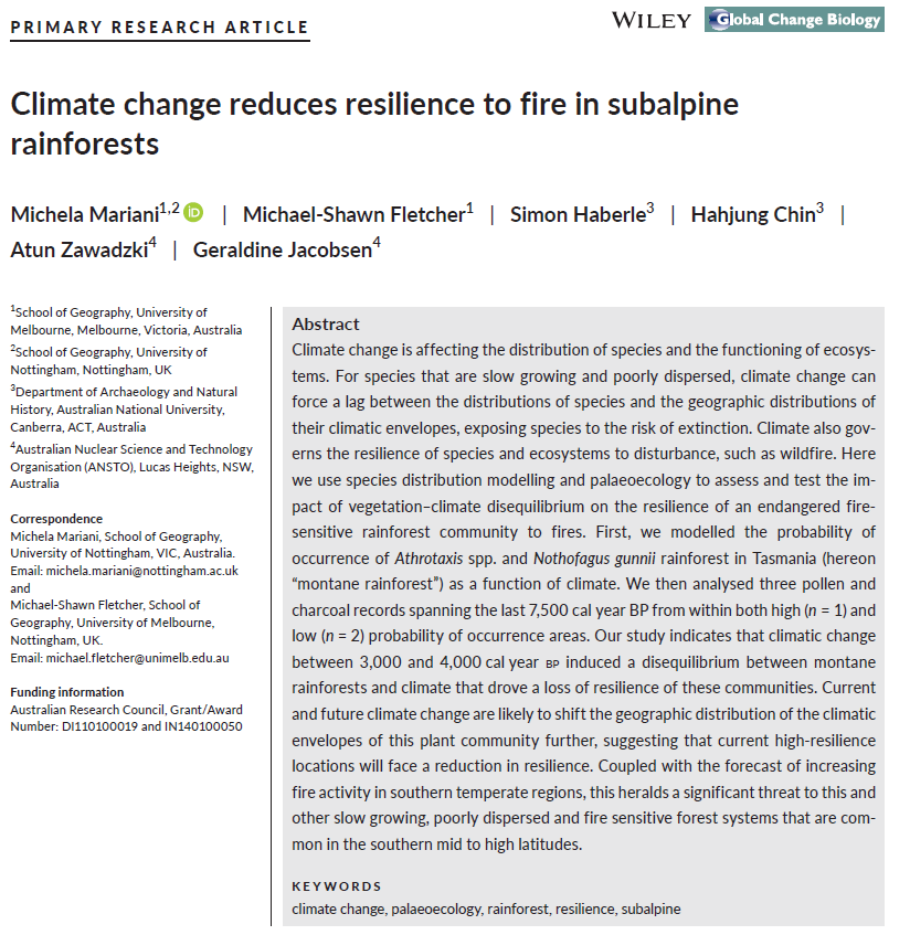 MarianiMichaela's tweet photo. Hot off the press: How does climate change affect the resilience of #Tasmanian montane #rainforests ? Our new paper integrating #palaeo data and species distribution #modelling. 
https://t.co/wIghK78kZP
@Melb_Palaeo @thatpollenguy https://t.co/eDDhWgaFds