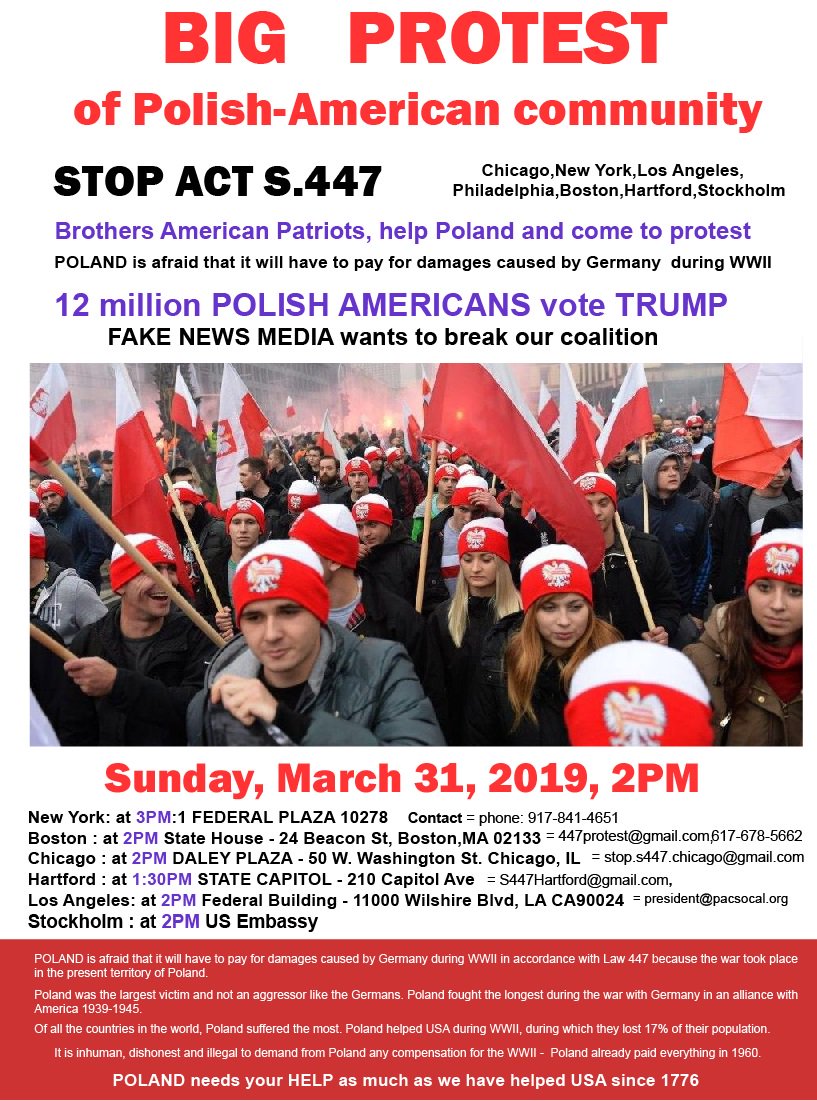 KvvKwiatkowski's tweet photo. @realDonaldTrump Now FAKE NEWS attack also Poland through Act 447 because 🇵🇱❤️@POTUS
We invite YOU to BIG Protest against Act 447
POLAND is afraid that it will have to pay for damages caused by Germany during WWII because the war took place in the present territory of Poland
HELP POLAND pls https://t.co/TwbVY78ofn