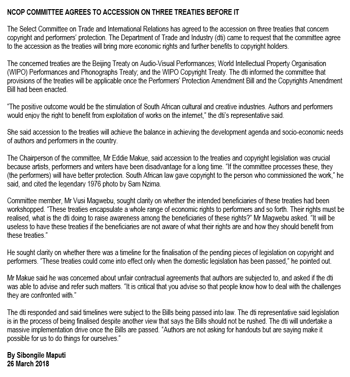 NCOP Committee Agrees to Accession on Three Treaties Before It tinyurl.com/y6ovp7mu