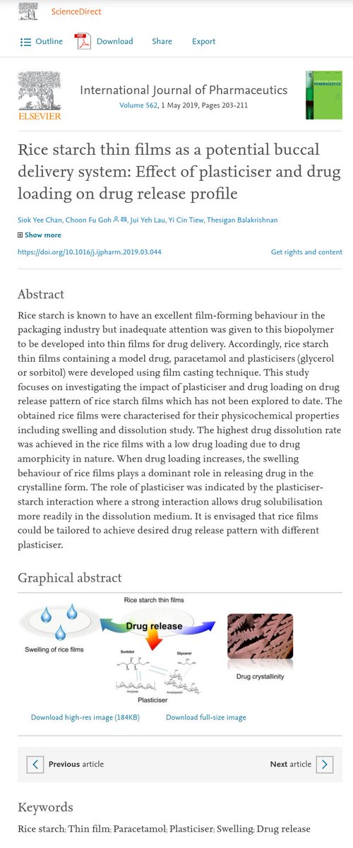 gohchoonfu's tweet photo. Access our final version of @ELSpharma article #Ricestarch #thinfilms as a potential #buccal delivery system: Effect of #plasticiser and #drugloading on #drugrelease profile for free now at https://t.co/0wBb8wKbfS #pharmaceutics #drugdelivery https://t.co/gJvLPlStQN