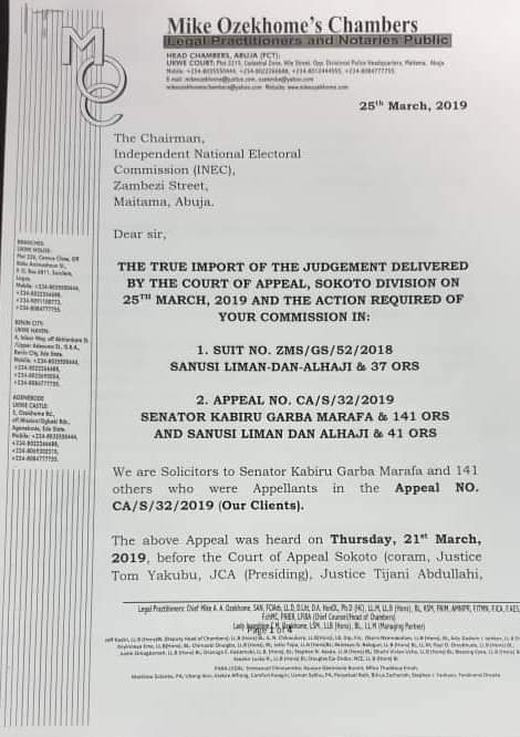 UbaidullahYaha4's tweet photo. G8 Legal Counsel, Chief Mike Ozekhome writes @inecnigeria requesting for the enforcement of the Appeal Court (Sokoto) judgment and the withdrawal of Certificates of Return from Governor Yari's backed faction of the #Zamfara APC. Interesting days ahead! @koguna33 @Bellomatawalle https://t.co/cBHFQMuP28