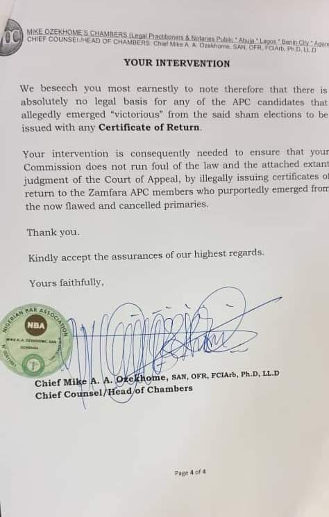 UbaidullahYaha4's tweet photo. G8 Legal Counsel, Chief Mike Ozekhome writes @inecnigeria requesting for the enforcement of the Appeal Court (Sokoto) judgment and the withdrawal of Certificates of Return from Governor Yari's backed faction of the #Zamfara APC. Interesting days ahead! @koguna33 @Bellomatawalle https://t.co/cBHFQMuP28