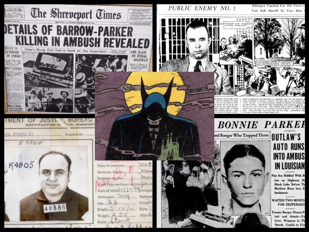 PrimeContinuity's tweet image. The 1930's, a decade of gangsters and criminals, in 1934 Bonnie,Clyde &amp;amp; Dillinger were gunned down, Capone was released from Alcatraz in 1939 &amp;amp; the German Nazi's invade Poland, WW2 nears, the public craved for something frightful to fall upon those making them afraid, #Batman