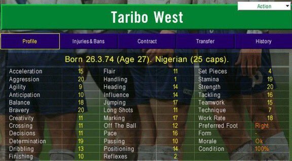 sid_lambert's tweet photo. The hottest free agent in Champ Man history celebrates his birthday today.

Defensive rock. God of war. Beast for hire who had managers from Real to Rushden scrabbling for his signature: 

- Start New Game
- Choose club
- Sign Taribo West

Every. Single. Time. https://t.co/Lfzp90lz17
