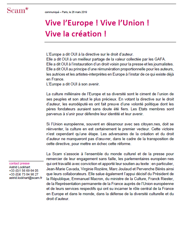 webscam's tweet photo. [communiqué] L’Europe a dit OUI 😃 Vive l’Europe ! Vive l’Union ! Vive la création ! Merci aux parlementaires européens et notamment @JeanMarieCAVADA  @VRoziere @MarcJoulaud  @PervencheBeres @EmmanuelMacron @franckriester @PE_FRANCE #DirectiveDroitDAuteur  #Yes2Copyright https://t.co/RxswYasSsv