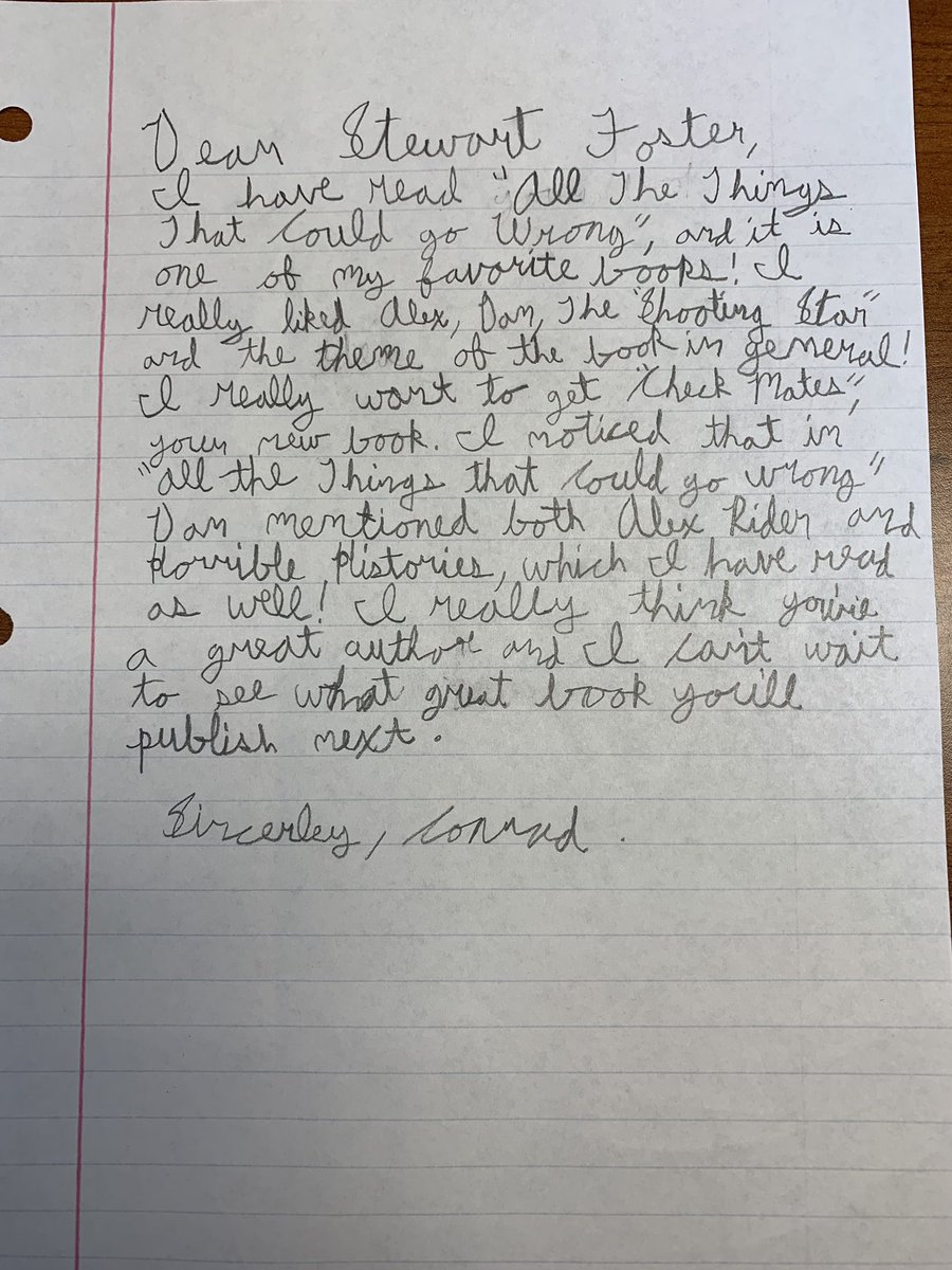 mrskroh's tweet photo. @stewfoster1 My student wrote you a letter.  He’d love to hear back.  Thank you for inspiring our children to read! https://t.co/6G5xK6vkX3