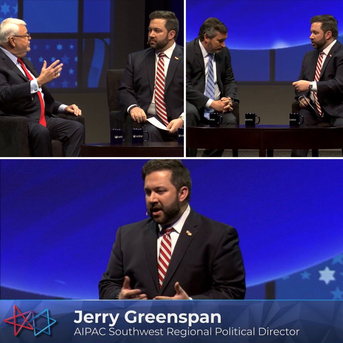 TheJGreenspan's tweet photo. Only at @AIPAC can a conservative leader like @SenTedCruz and a progressive powerhouse like @JDavidCoxSr go back to back on the stage, agreeing about an issue: The US-ISRAEL Relationship. I was honored to interview both yesterday. #ConnectedForGood #PolicyConference2019 https://t.co/5P9hph2rB3