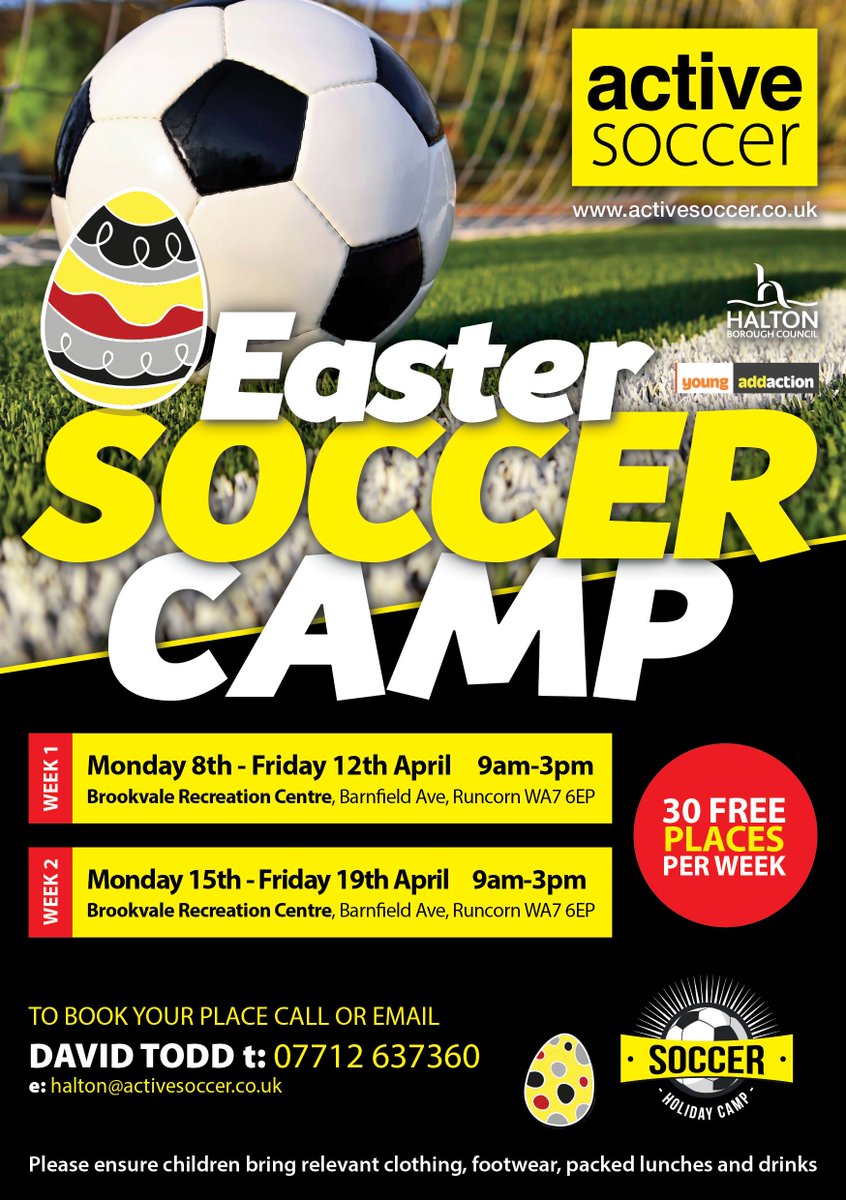 HaltonCT's tweet photo. 30 free!! Places for Halton young people on the Easter Soccer Camp @DtoddHalton https://t.co/1I866ATHSW