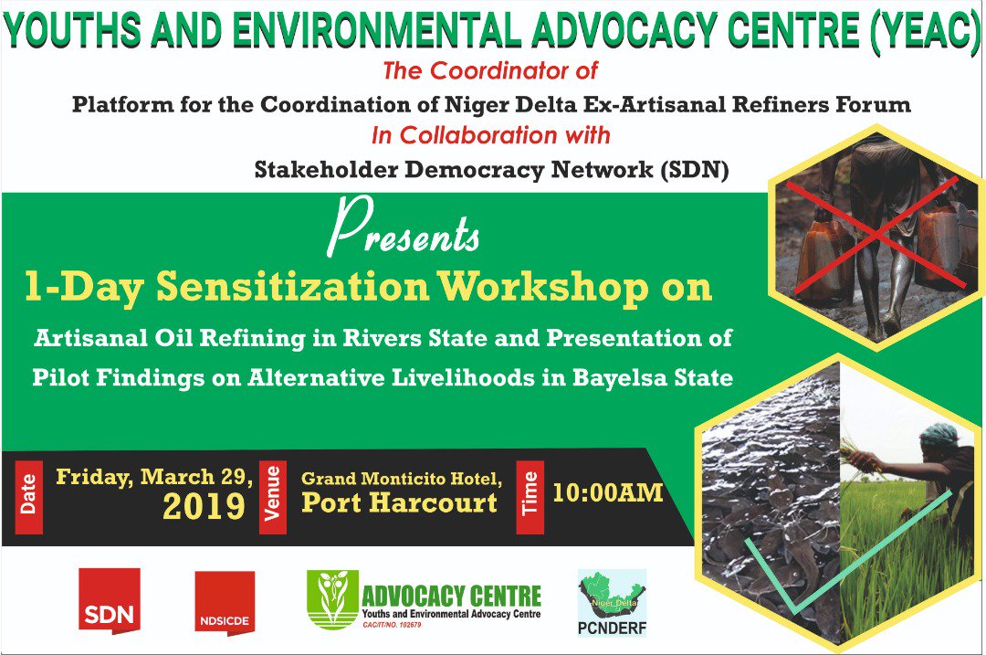 AdvocacyCentre's tweet photo. ADVOCACY CENTRE (YEAC), the coordinator of Platform for the Coordination of Niger Delta Ex-Artisanal Refiners Forum in collaboration with Stakeholder Democracy Network (SDN) presents 1-DAY Sensitization Workshop on Artisanal Oil Refining in Rivers State
https://t.co/fUiMEp05Bu https://t.co/RB05wo9ydW