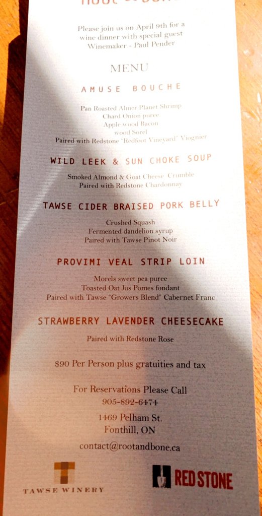 Tawse_Winery's tweet photo. Our winemaker is teaming up with Root&Bone for what looks like an incredible meal paired with Tawse and @redstonewinery wines! Check out their website for more info. #tawsewinery #rootandbone #winemakersdinner #fresh #local #redstonewinery #eatlocal #drinkocal https://t.co/zFz2fUwWzj
