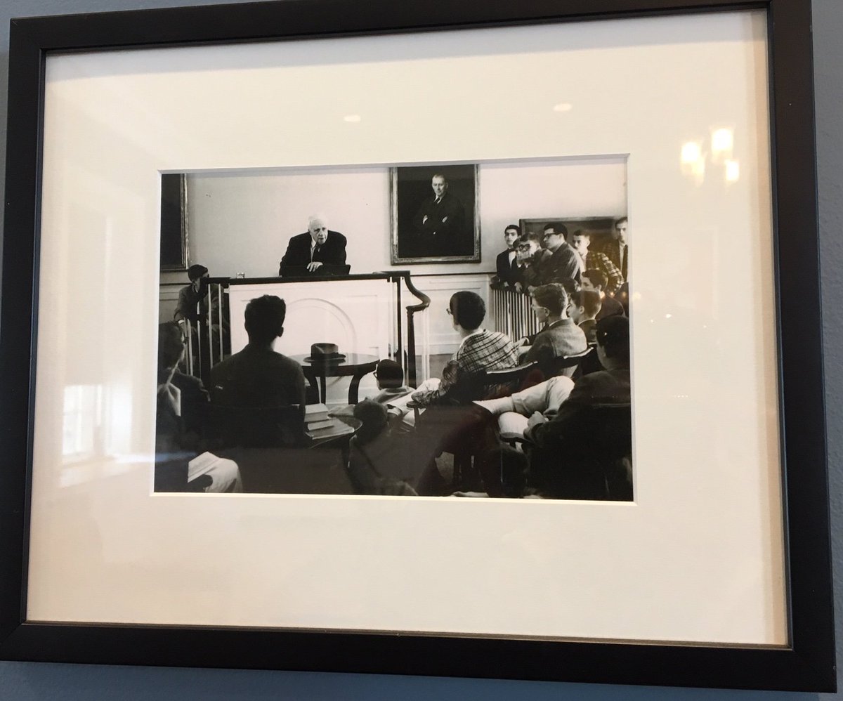 phillipsacademy's tweet photo. Happy Birthday to #RobertFrost! Today we remember his visit to campus in 1960. Invited as the Lana Lobel Lecturer, he told students “poetry is the honey of all flowers, the marrow of all wit, the quintessence of all science, the phrase of an angel.” https://t.co/F3TQkjPb6D https://t.co/rEzN4fr5Xz