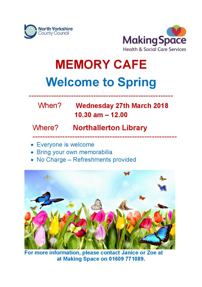 nylibraries's tweet photo. This Wednesday 10.30am-12noon @MakingSpaceUK are running #MemoryCafe at #Northallerton library. Visit the library and join the #free session. This month’s theme is: Welcome to #Spring! #dementiasupport #community @NthallertonMkt @HambletonDC @Thirskinfo https://t.co/aWUxLCaBf5