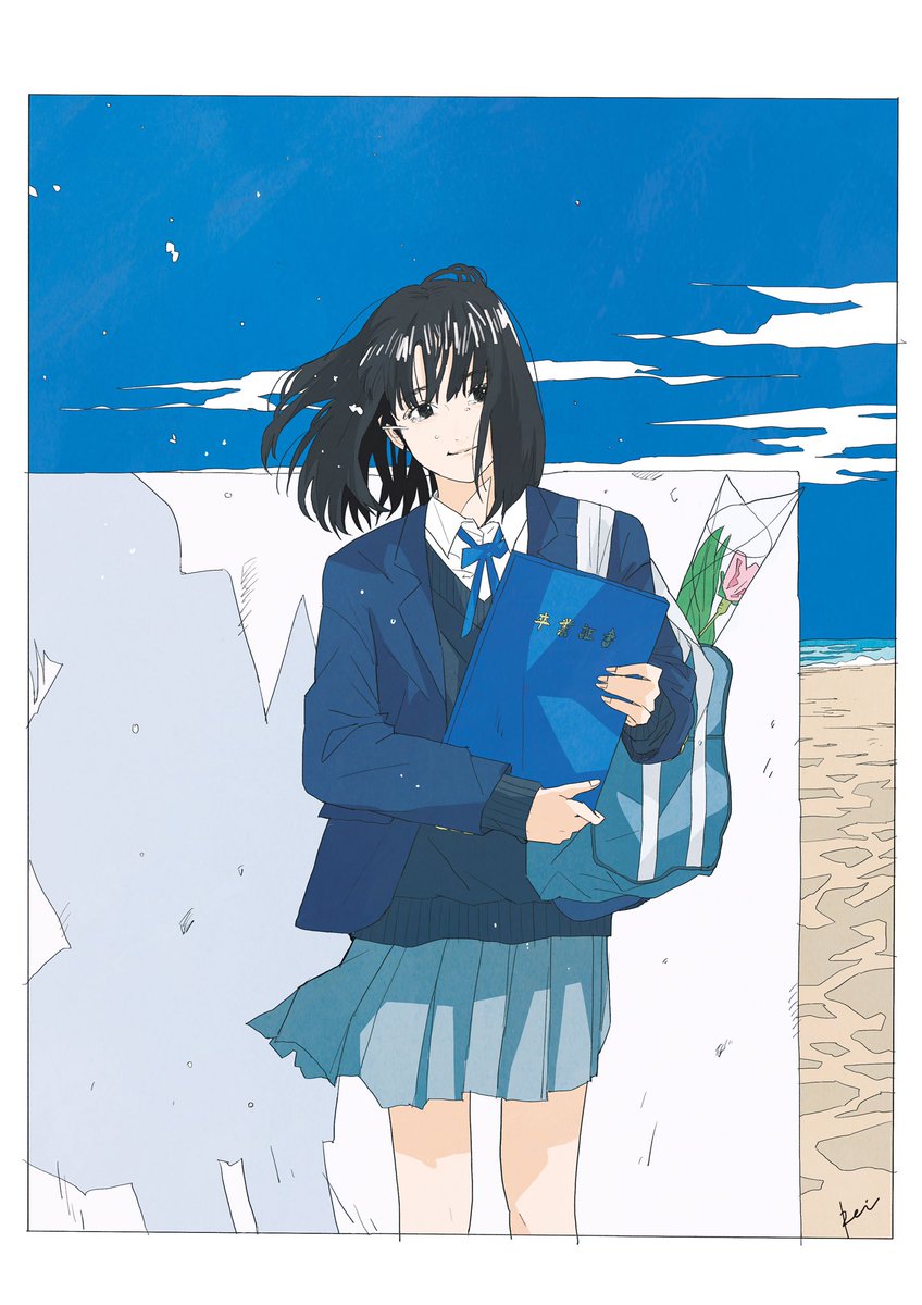 1girl skirt black hair solo bag sky school uniform  illustration images