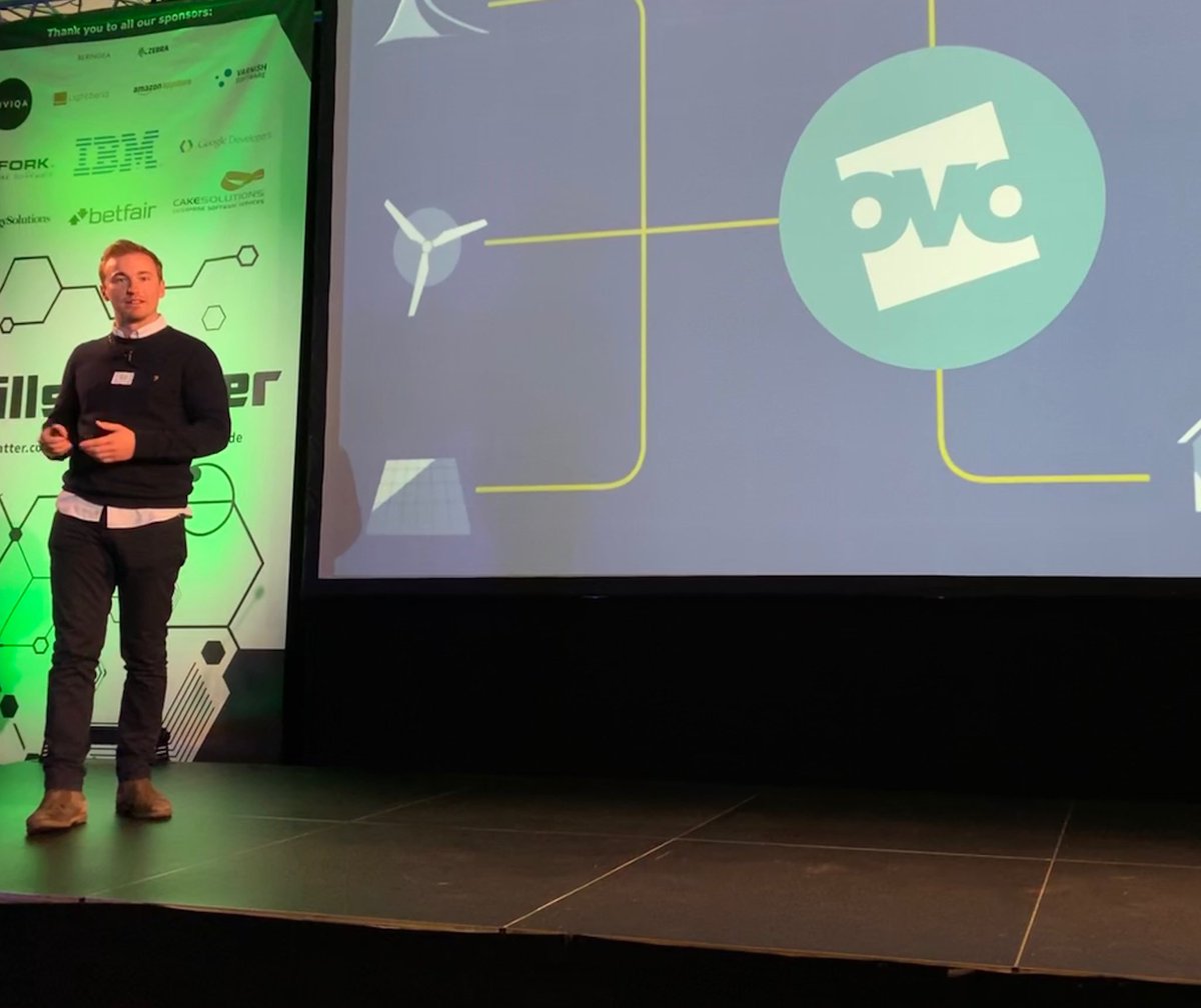 GavWade's tweet photo. Ed Connolly providing the keynote speech “clean &amp; affordable energy for everyone” #ovopdc #BestProductTech&amp;UXteamUK https://t.co/eEVOspbN8q