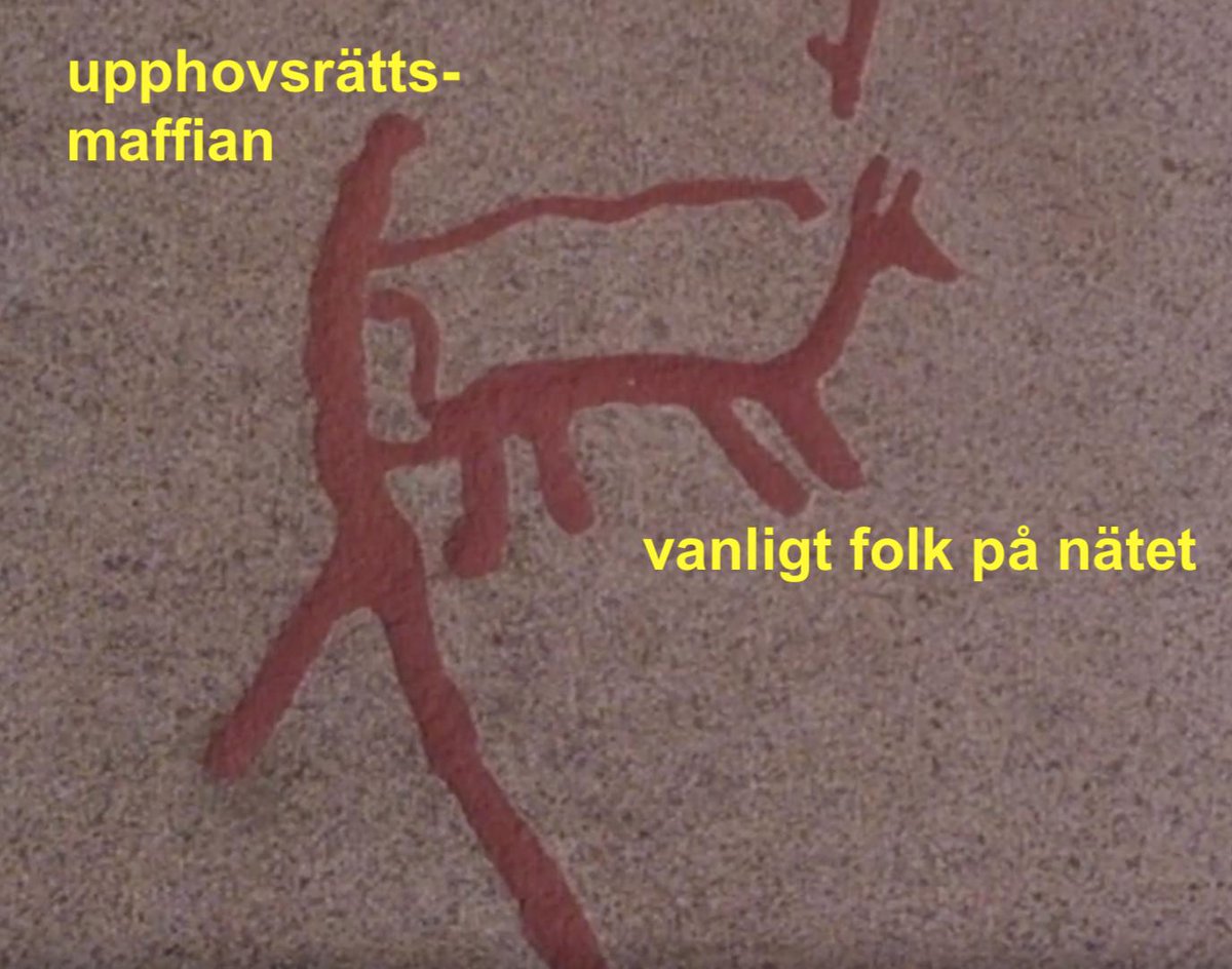 En runristning, tidelag. Över den som knullar djuret: "upphovsrättsmaffian", text vid det lilla djuret: "vanligt folk på nätet". 