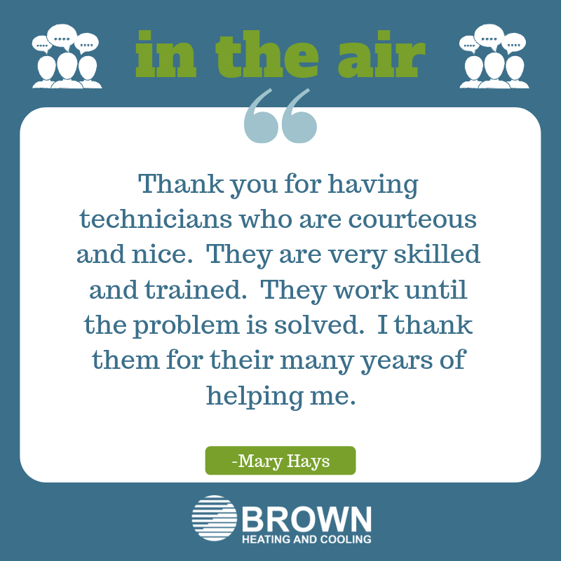 BrownHeatCoolAL's tweet photo. Testimonial Tuesday!  Thank you Mrs. Hays for your kind words!  
To experience the Brown difference for yourself, give us a call at 205-871-8111 or learn more at: https://t.co/ZiO0eD6pWE 
#BrownHeatingandCooling #TestimonialTuesday #HVAC #BirminghamAL https://t.co/5C32IWUCbS