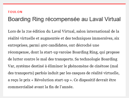 TVT_Innovation's tweet image. [REVUE DE #PRESSE] 📄
Cette semaine dans la presse : une pleine page sur @fivezoneapp dans @NiceMatinEco, un article sur le partenariat entre TVT Innovation et Veolia Activité Eau dans Var Matin encore et un article sur la récompense de @BoardingRing au @lavalvirtual. 👏