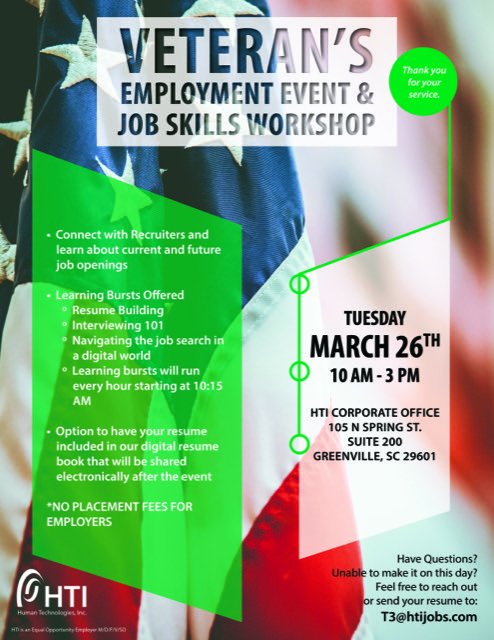 Calling all Veterans!!!

HTI is hosting a job skills workshop and employment event today from 10am to 3pm at their Corporate Office in Downtown Greenville. Make sure to stop in and find your next career!

#powertheFuture #plugintoAnderson #AndersonSC