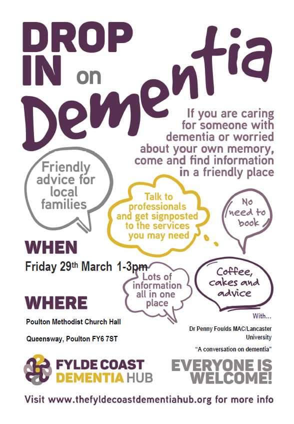 This Friday 29 March between 1 and 3pm, dementia information hub at Poulton Methodist Church Hall. Look forward to seeing you all there