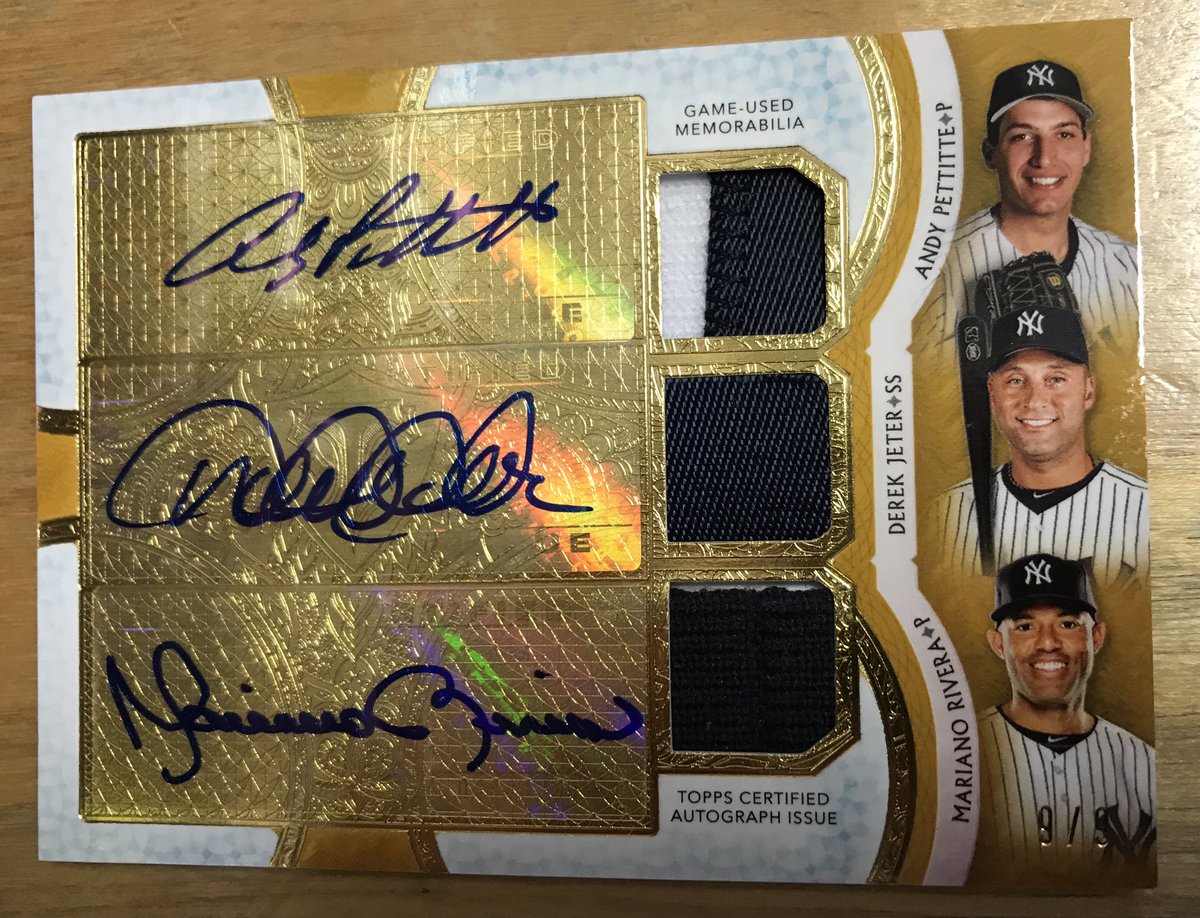 Bobssportscards's tweet photo. A customer just pulled this @Topps Triple Threads Autograph of Derek Jeter, Andy Pettitte and Mariano Rivera /9! @SHOWYOURHITS #Jeter #Riverea #Pettitte https://t.co/glcJHCafdO