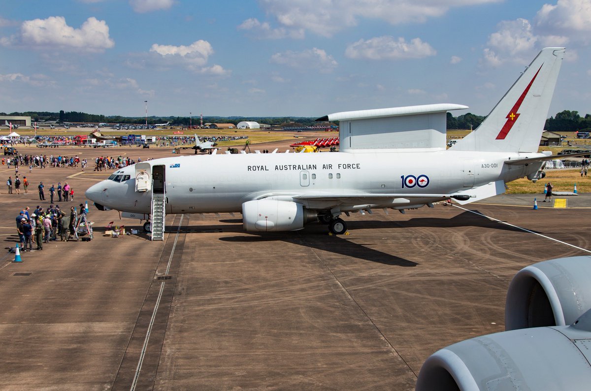 The <a href="/AusAirForce/">Royal Australian Air Force</a> E-7 Wedgetail. A <a href="/BoeingDefense/">Boeing Defense</a> 737 AEW&amp;C, 5 of which have been purchased by the <a href="/RoyalAirForce/">Royal Air Force</a> and here she is at the <a href="/airtattoo/">Royal International Air Tattoo</a> #AirTattoo