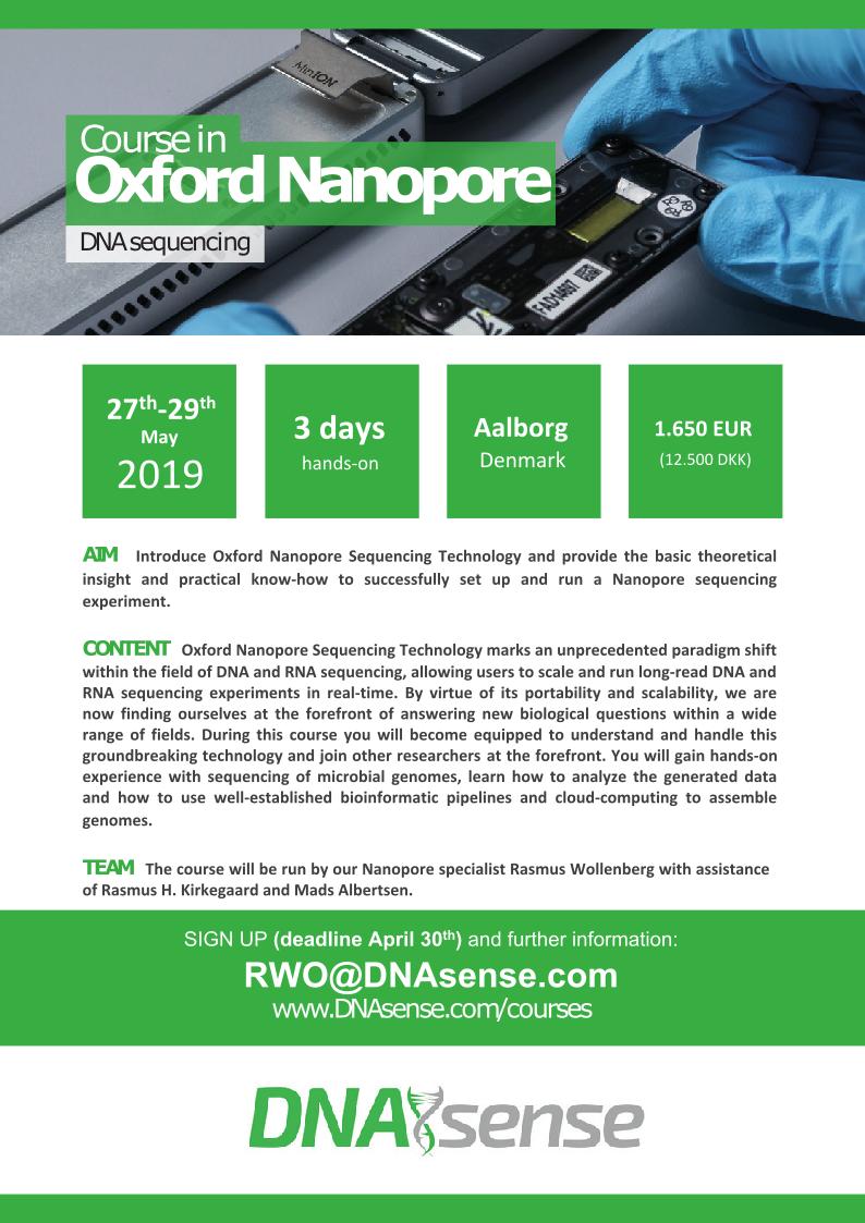 DNASense's tweet photo. Want to get the the hands-on learning experience for doing @nanopore DNA sequencing and data analysis? Join our workshop May 27th-29th. Sign up at rwo@dnasense.com or visit https://t.co/lIxdp7YUQC   to read more. We look forward to see you! #DNAseq #bioinformatics https://t.co/4rl5hFHbPw