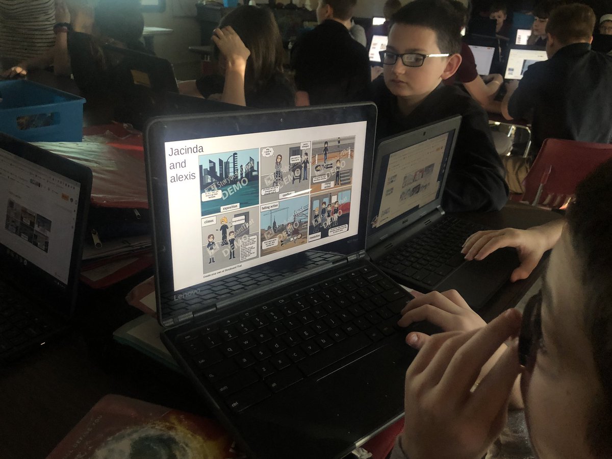 staceyfish80's tweet photo. 6th grade students made storyboards on @StoryboardThat and then uploaded into a collaborative Google Slide to get feedback from their peers. #eLearnHCS https://t.co/R1pEw22ceR