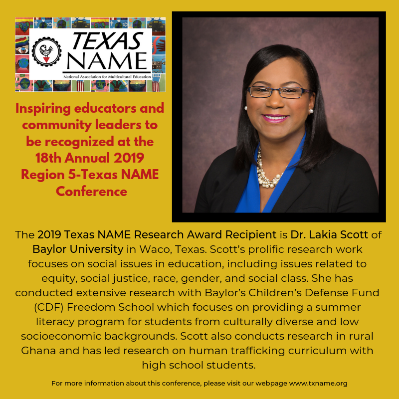 On Friday, April 26, 2019, the Region 5-Texas NAME chapter will honor four difference-makers from across Texas at its annual conference. @LakiaMScott will be recognized for her lasting and positive impact she has had on her students and community. #TXNAME2019