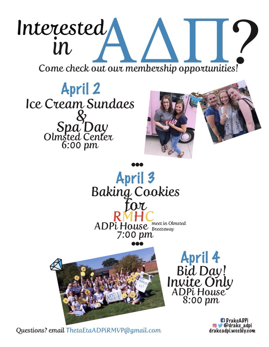Interested in sorority life? Want to find out more about ADPi? Come to tabling in the breezeway or any of our events next week to find out more!