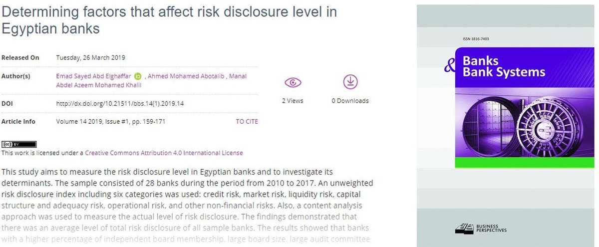 LLC_BP's tweet image. 🔗dx.doi.org/10.21511/bbs.1… …

📝#Determining factors that affect risk disclosure level in Egyptian #banks

👥 Emad Sayed Abd Elghaffar, Ahmed Mohamed Abotalib, Manal Abdel Azeem Mohamed Khalil