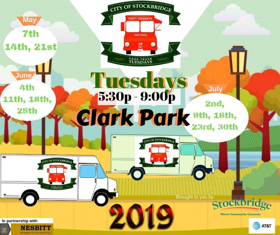 stockbridgecity's tweet photo. Mark you calendar now! The City of Stockbridge will kick off its signature Food Truck Tasty Tuesday Series on Tuesday, May 7, 2019 at 5:30 pm at Clark Park located at 111 Davis Road in Stockbridge, Georgia. Family fun!!
#WhereCommunityConnects #Stockbridge #CityofStockbridge https://t.co/M5atSBe3hn