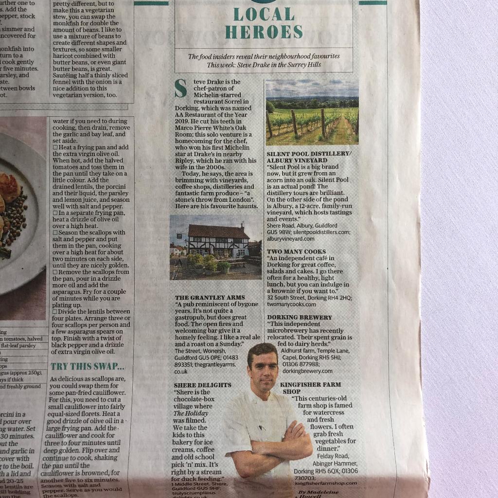 HelloDorking's tweet photo. Let's hear it for our #LocalHero @SteveDrakeFood purveyor of incredible eats, bringing his #discoverymenu to #SurreyHills and beyond. @Telegraph @Sorrel_dorking #SorrelRestaurant @TwoManyCooksLtd @grantleyarms @SilentPoolGin @AlburyVineyard @DorkingBrewery1 @AbingerFarmShop https://t.co/9y3TKoc02E