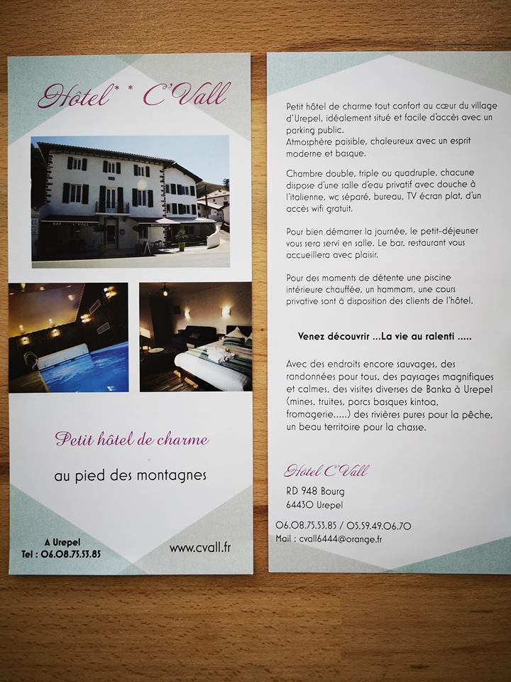 Réouverture de l'hôtel-restaurant <a href="/cvall3/">Restaurant c'vall</a> ce samedi à Urepel. Valérie et Christian vous accueilleront en toute convivialité et simplicité. A tester et partager autour de vous!
#hotel #restaurant #Urepel #PaysBasque #Vacances #détente

Site Internet : cvall.fr