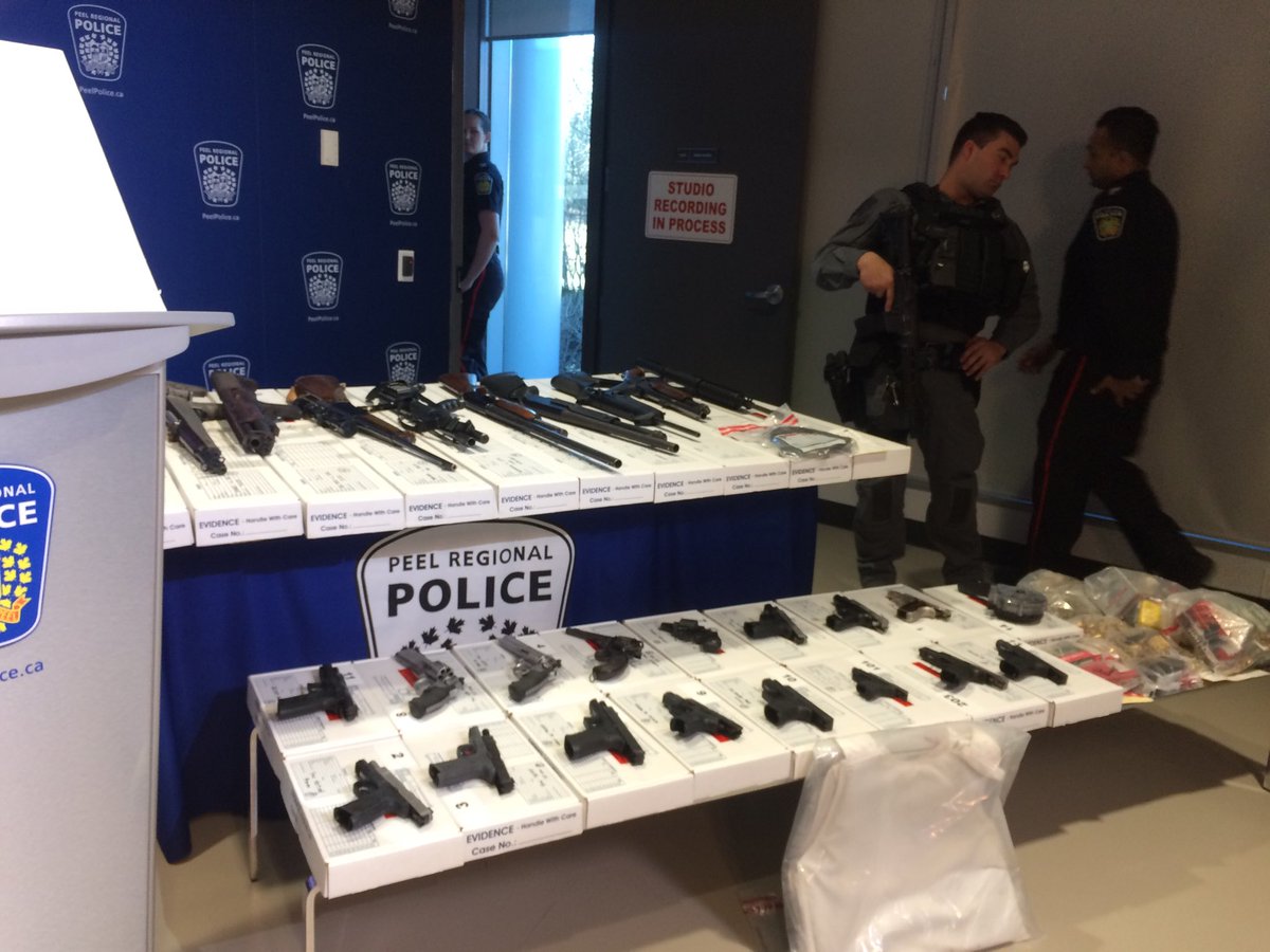 pdouglasBG's tweet photo. At Peel police HQ this morning for a news conference. Big #guns and #drugs investigation https://t.co/1D3yzxj8zr