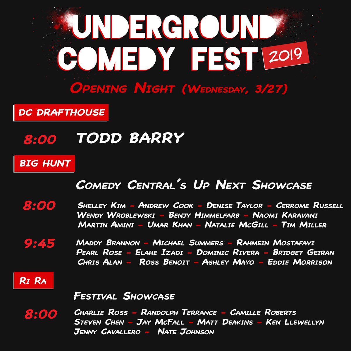 Underground Comedy Fest starts TOMORROW!
🔥🔥🔥

Have you gotten your tickets yet?
➡️ undergroundcomedyfest.com #UCfest2019