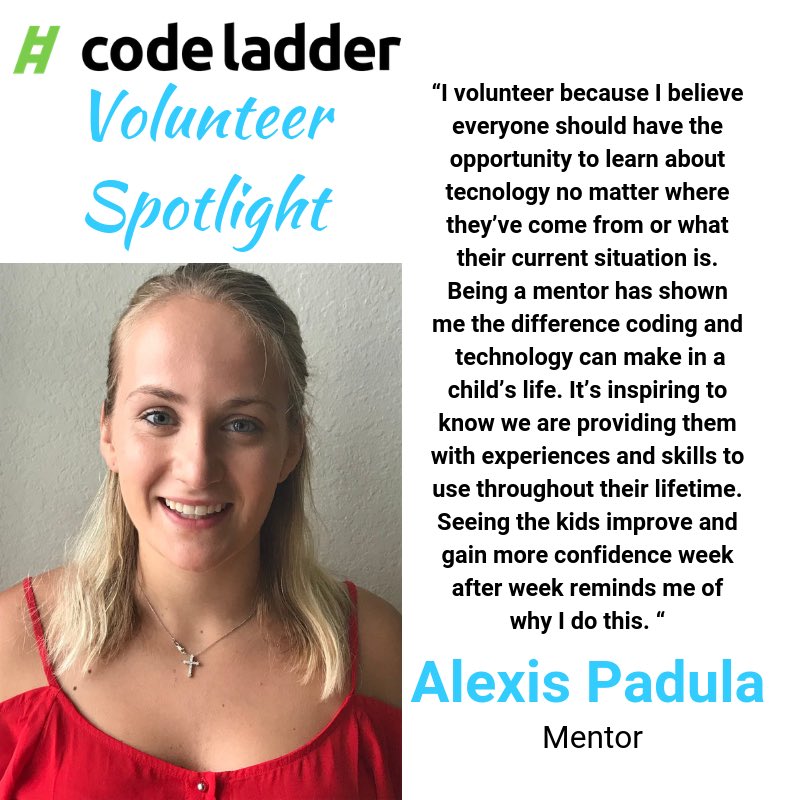 codeladder's tweet photo. Our Volunteer Spotlight 🌟 shines on Alexis Padula this month! Thank you for being a great Mentor to our Code Ladder kids. 

#stemkids #volunteer #mentor #coding #codingisfun #codingforbeginners #codingforkids #diversityinstem #programming #programmingforkids https://t.co/EMLvMdSvtY