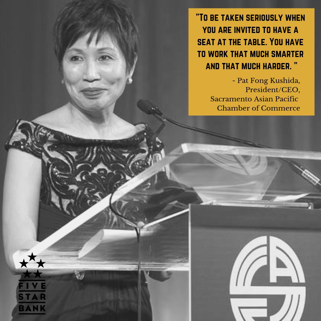fivestarbank's tweet photo. Pat Fong Kushida, President/CEO of the Sacramento Asian Pacific Chamber of Commerce gives the following advice when facing an obstacle. See Pat on the front cover of @comstocksmag the 2019 #WomenInLeadership feature! @SACCTEAM
#FiveStarBank #FSBImpact #WomenInBusiness https://t.co/QyhooJ94sB